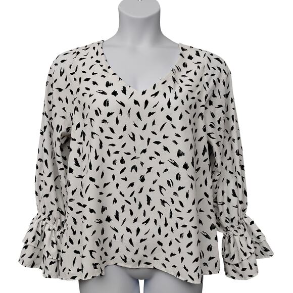Vine & Love Blouse Size Medium White with Black Brushstroke Print Long Sleeve - Picture 2 of 8